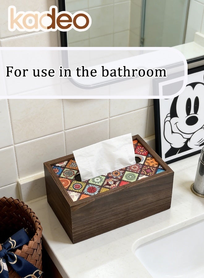 kadeo Wood Tissue Box Cover with Retro Pattern Lid, Rectangle Tissue Holder, Formaldehyde-free Tissue Cover for Bathroom, Tissue Box Cover Rectangular for Home Office 19.7*12.7*9.4CM - Image 3